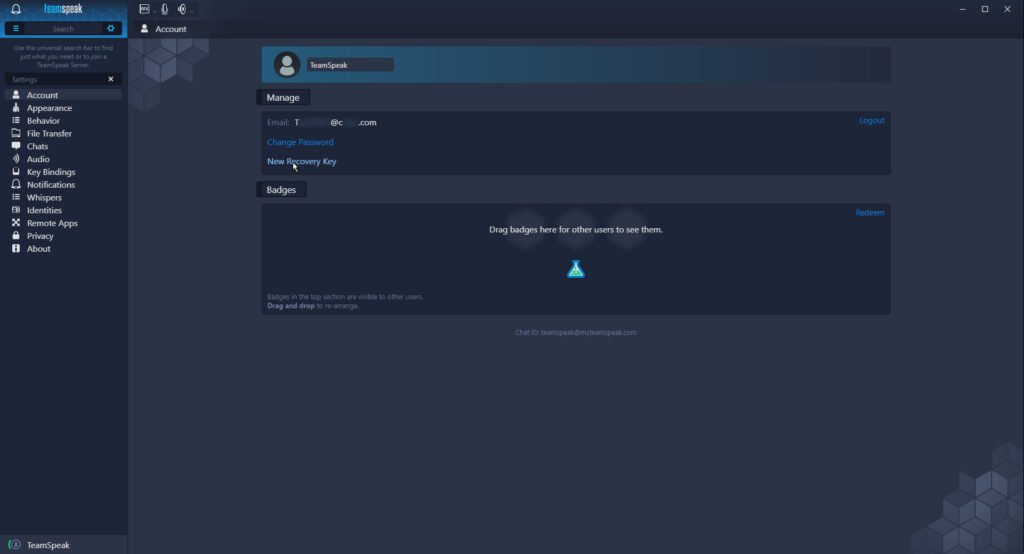 TeamSpeak account recovery key
