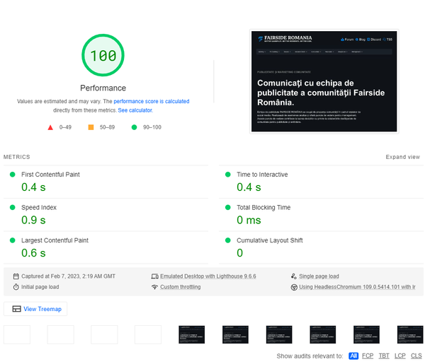 Performanta Google PageSpeed pagini standard